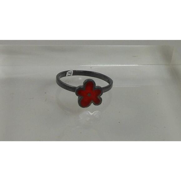 Fun Vibrant Red Flower Ring in Oxidized Sterling Silver - Size 8 - Enamel Resin - Picture 2 of 9